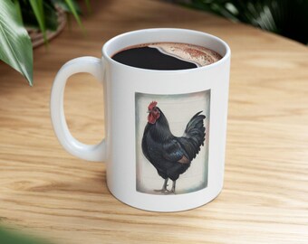 Black Rooster Illustration Mug | Ceramic Coffee Cup, 11oz 15oz