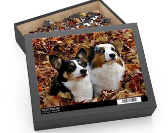 Rompecabezas de dos corgis en hojas de otoño