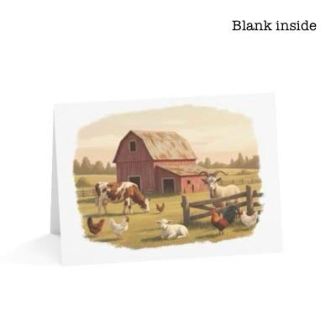 Farm Scene Greeting Card | Barn, Cows, Chickens, Blank Inside, Note ...