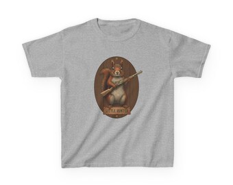 Camiseta infantil con ilustración de cazador de ardillas / Retrato vintage de animal del bosque con rifle