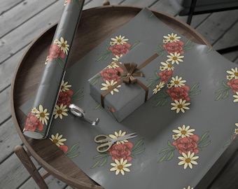 Papel de regalo con estampado floral de peonía / Rollo de papel de regalo botánico gris