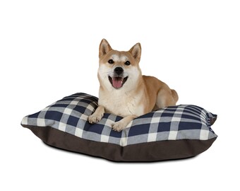 Cama para mascotas con estampado de búfalo azul marino/cojín a cuadros para perros y gatos, funda extraíble