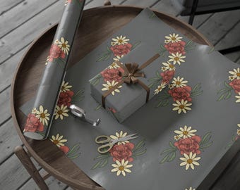 Peony Floral Pattern Wrapping Paper | Gray Botanical Gift Wrap Roll
