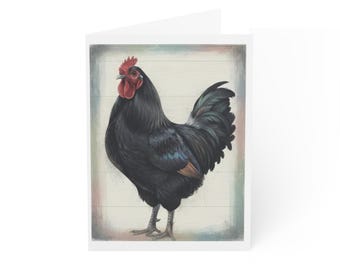 Black Rooster Illustration Greeting Cards | Blank Note Cards, Farm Animal Art