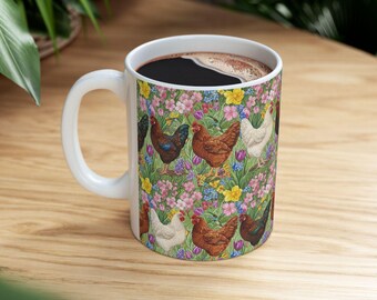 Taza de cerámica con diseño de gallinas coloridas y pollos de granja florales