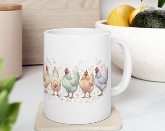 Taza de cerámica con diseño de gallinas en acuarela