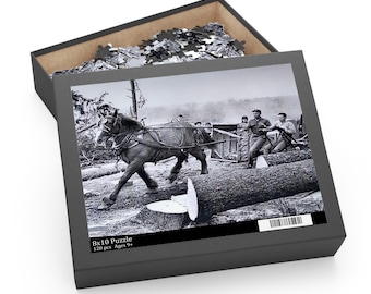 Rompecabezas del equipo de caballos madereros / Foto histórica en blanco y negro