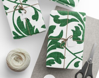 Papel de regalo de damasco verde / Rollo de papel de regalo con estampado floral