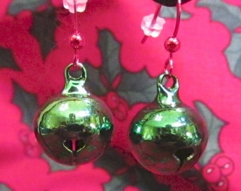 CLEARANCE Green Christmas Bells with Red Ear Wire Earrings