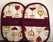 Pot Holders-Pinchers-Vintage Wine Glasses w/Burgundy Trim-Free Shipping