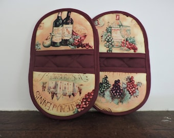 Pot Holders-Oven Mitts-Pinchers-Wine Bottles & Grapes w/Burgundy Trim-Free Shipping