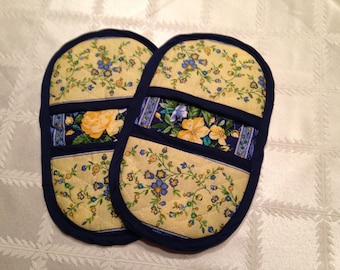 Pot Holders-Microwave Mitts-Yellow Floral with Blue Trim-Free Shipping-Etsy