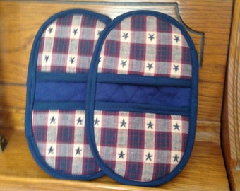 Pot Holders-Oven and Microwave Mitts- Pinchers-Blue, Red & Tan Plaid w/Blue Trim-Free Shipping