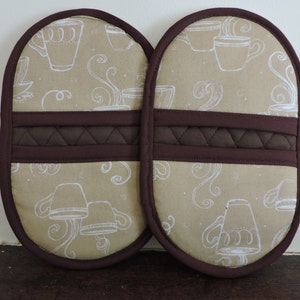 Pot Holders-Oven & Microwave Mitts-Pinchers-White Outline of Coffee Cup on Tan Background w/Brown Trim-Free Shipping image 1