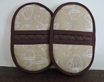 Pot Holders-Oven & Microwave Mitts-Pinchers-White Outline of Coffee Cup on Tan Background w/Brown Trim-Free Shipping