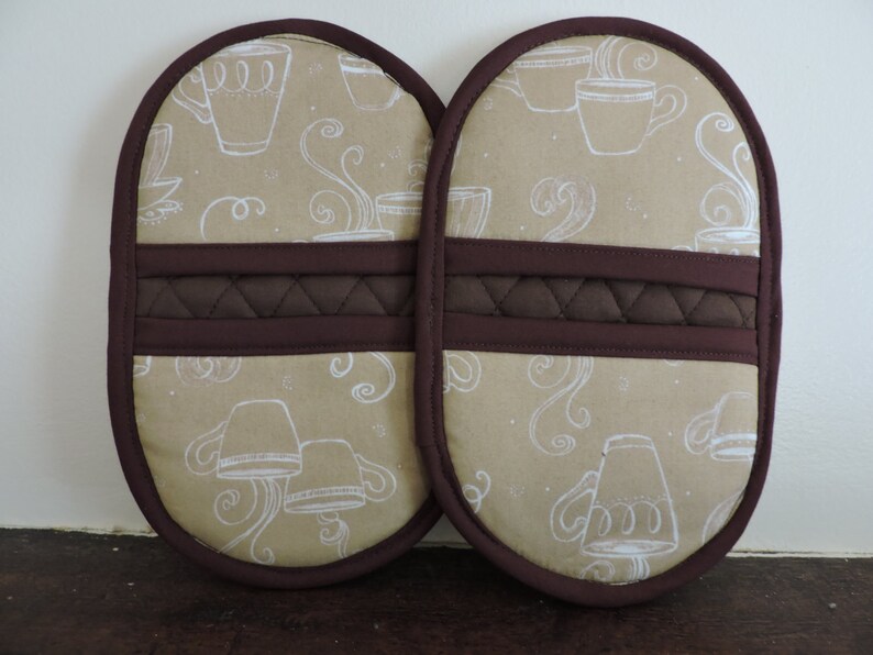 Pot Holders-Oven & Microwave Mitts-Pinchers-White Outline of Coffee Cup on Tan Background w/Brown Trim-Free Shipping image 1