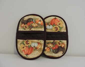 Pot Holders-Oven & Microwave Mitts-Pinchers-Thanksgiving Cornucopia w/Sunflowers and Pumpkins w/Brown Trim-Free Shipping