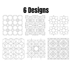 Op de afbeelding: Een verzameling van 6 Designs met zwarte lijnpatronen op een witte achtergrond. De set bevat geometrische vormen, stermotieven, in elkaar grijpende kubussen en cirkelvormige, bloemachtige arrangementen, allemaal gepresenteerd in een raster.