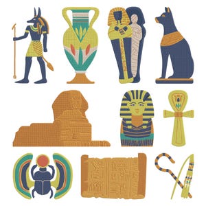 May include: A collection of embroidered Egyptian-themed designs. Includes Anubis, a vase, a sarcophagus, a cat statue, a sphinx, a pharaoh's mask, an ankh, a scarab, a scroll, and a staff with a bow.