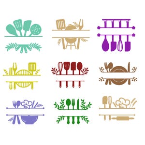 Könnte beinhalten: Neun farbenfrohe Designs zum Thema Küche. Jedes Design zeigt eine Sammlung von Küchenutensilien, wie Spatel, Schneebesen und Löffel, die über einer horizontalen Linie angeordnet sind. Die Designs sind in verschiedenen Farben gehalten.