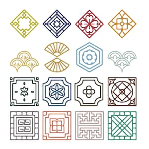 May include: A collection of sixteen decorative icons featuring geometric and floral patterns in various colors including lime green, navy, red, gold, light blue, grey, dark blue, brown, terracotta, and teal, arranged in a four-by-four grid layout.