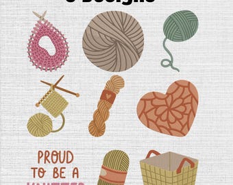 Knitting Yarn Quote Machine Embroidery Bundle, Set of 9, Crochet Embroidery Instant Download