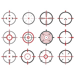 May include: A collection of twelve target reticle designs in black and red. The designs vary, including crosshairs, concentric circles, and other aiming patterns. The image is a flat vector illustration on a white background.