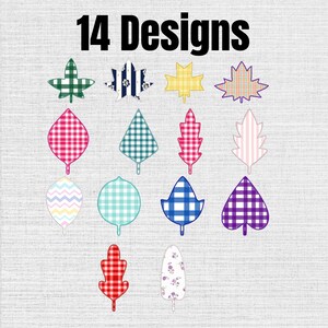 Puede incluir: Una colección de 14 diseños con diversas formas de hojas y patrones variados que incluyen cuadros vichy, rayas, chevron y estampados florales en colores como rojo, azul, verde, amarillo, rosa y morado, sobre un fondo gris claro texturizado.
