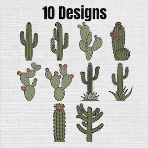 Puede incluir: Un conjunto de ilustraciones digitales titulado 10 Designs que presenta diez cactus verdes distintos. La colección incluye varias formas como cactus columnares, chumberas y cactus de barril, algunos con pequeñas flores rosas o naranjas y puntos.