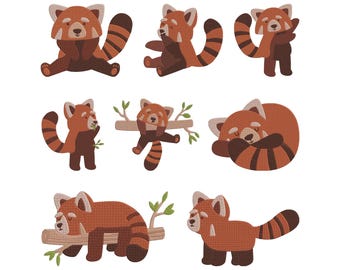 Kit de bordado à máquina com o tema Panda Vermelho, conjunto de 8 peças, download instantâneo de bordados de animais selvagens.
