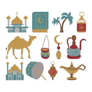May include: A collection of vector illustrations featuring Islamic cultural symbols. Includes mosques, a camel, a book with a crescent moon and star, palm trees, lanterns, a drum, a hanging bag, a crescent moon, a teapot, and a magic lamp.