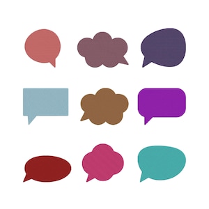 May include: Nine colorful speech bubbles in various shapes and hues, including red, purple, blue, and teal. The bubbles are arranged on a white background, offering a visual representation of communication and dialogue.