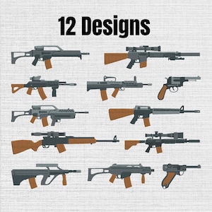 May include: A digital collection of 12 designs featuring various firearms, including rifles and handguns, rendered in shades of gray and brown. The text 12 Designs is displayed at the top of the image, which is set against a light gray textured background.