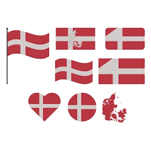 Könnte beinhalten: Eine Sammlung rot-weißer dänischer Flaggen-Designs. Das Bild zeigt eine wehende Flagge an einer Stange, rechteckige Flaggen, eine herzförmige Flagge, eine kreisförmige Flagge und eine Landkarte von Dänemark.