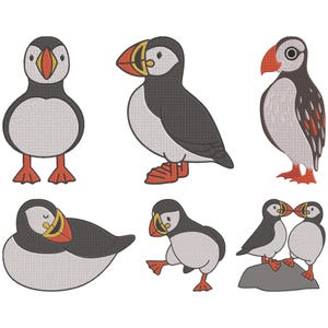 May include: A collection of six embroidered puffin bird designs. Each bird features a black and white body, orange feet, and a large, colorful beak with red, yellow, and orange accents. The puffins are in various poses.