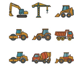 Mini Construction Vehicles Embroidery Design Bundle, Excavator Dump Truck Loader Embroidery  Kids Machine Embroidery File, 7 Sizes