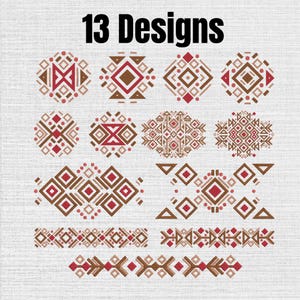 Op de afbeelding: Een verzameling van 13 ontwerpen met geometrische patronen in tinten rood, bruin en lichtroze. De set bevat diverse symmetrische vormen, ruiten, driehoeken en lineaire randen op een lichtgrijze, getextureerde achtergrond.