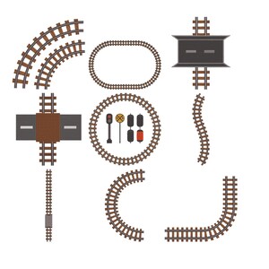 May include: A collection of brown and gray toy train tracks in various shapes, including curved, straight, and circular. The image also features a railroad crossing, signals, and a circular track with signals.