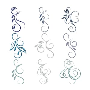 May include: Nine decorative floral design elements in various shades of blue and gray. Each design features swirling lines and leaf accents, perfect for embellishments or digital art projects. The designs are arranged on a white background.