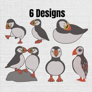 Puede incluir: Un conjunto de 6 diseños de bordado digital que representan frailecillos en varias posturas. Las ilustraciones muestran aves con plumaje blanco y negro, picos naranjas y patas palmeadas naranjas, incluyendo una pareja sobre una roca gris.
