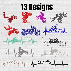 May include: A collection of 13 embroidery designs featuring various motorcycle motifs, including riders performing stunts, a classic cruiser, and several heartbeat EKG lines integrated with motorcycle silhouettes and gear shift patterns.