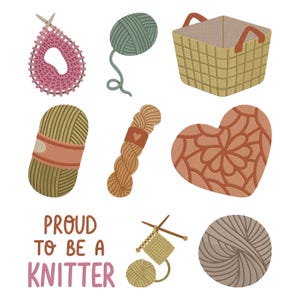 Könnte beinhalten: Eine Illustration mit Strick- und Garnelementen. Enthält ein rosa Strickstück, einen grünen Wollknäuel, einen Korb, einen Wollknäuel, einen verdrehten Garnstrang, ein herzförmiges Design und den Text "PROUD TO BE A KNITTER."