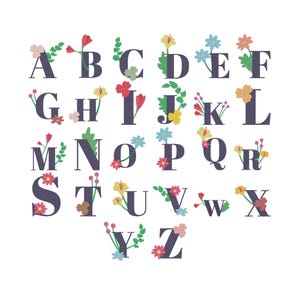 May include: A full alphabet in capital letters, each letter is decorated with colorful floral accents. The letters are a dark purple color, and the flowers are in shades of red, yellow, pink, and blue. The background is white.
