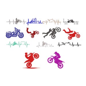 Pode incluir: Uma coleção de designs gráficos com tema de motocicleta apresentando várias silhuetas de pilotos realizando acrobacias, linhas de EKG de batimentos cardíacos e padrões de mudança de marcha em cores vermelho, azul, preto e verde-azulado.