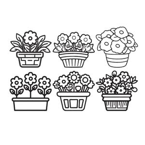 May include: Line art illustration of six potted flowers. Each pot has a different design, including rectangular, square, and round shapes. The flowers vary in size and arrangement, with some having multiple blooms and others featuring single flowers.