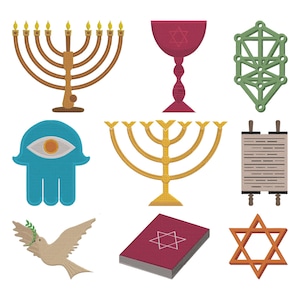 May include: A collection of embroidered Jewish symbols including a menorah, chalice, Hamsa hand, Star of David, Torah scroll, and a dove with an olive branch. The symbols are in various colors, including gold, red, and blue.