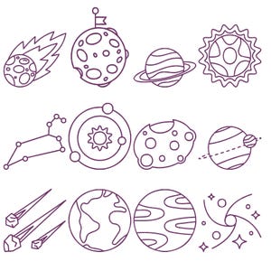May include: A collection of twelve purple line art illustrations depicting space-themed icons including a comet, a cratered moon with a flag, a ringed planet, a sun, a constellation, a solar system model, an asteroid, a planet with a moon, meteors, Earth, a striped planet, and a spiral galaxy.