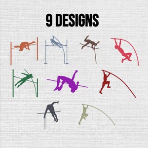 May include: A collection of 9 DESIGNS featuring colorful silhouettes of athletes performing pole vaulting and high jump maneuvers. The graphic includes various poses of individuals using poles to clear horizontal bars, presented in a grid layout.