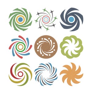 May include: Nine colorful, circular graphic designs with swirling patterns. Each design features a unique color palette, including green, blue, red, and brown, with variations in shape and style. The designs are set against a white background.