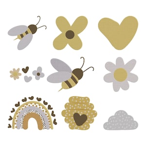 May include: A collection of whimsical, embroidered patches featuring bees, flowers, hearts, a rainbow, a beehive, and a cloud. The color palette includes yellow, brown, gray, and white, creating a cheerful and playful aesthetic. These patches are ideal for adding a touch of charm to clothing or accessories.